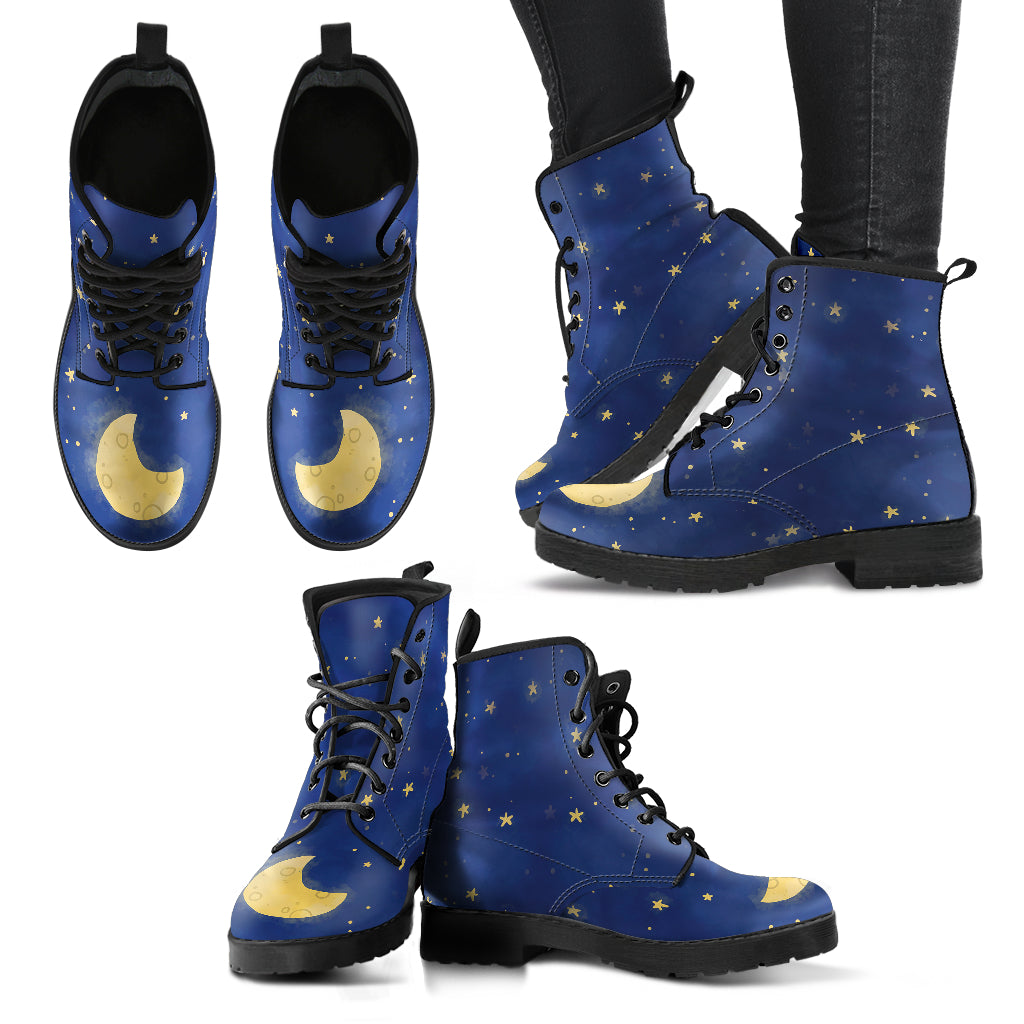 Cute Moon & Stars Blue Leather Boots - Mind Gone