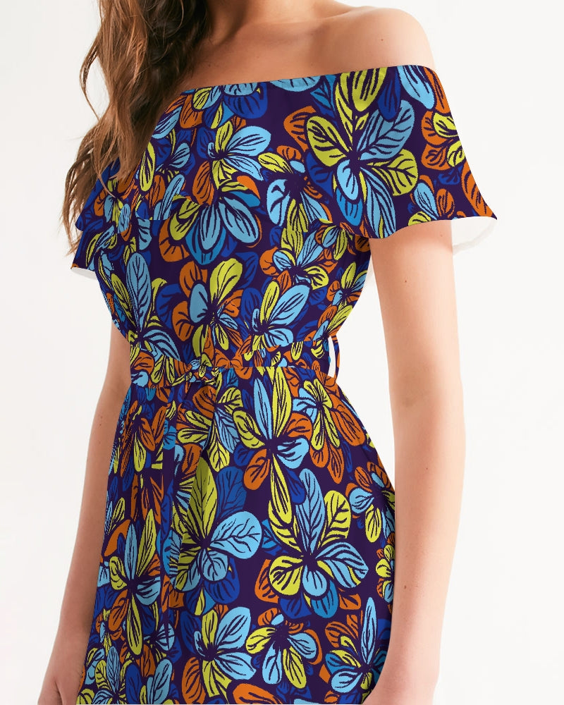 Blue Botanical Floral Women's Off-Shoulder Dress