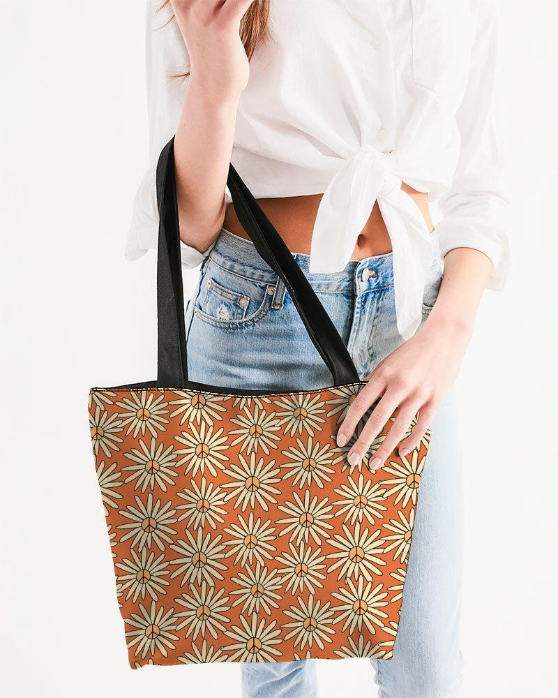 Retro Peace Sign Flowers Canvas Zip Tote