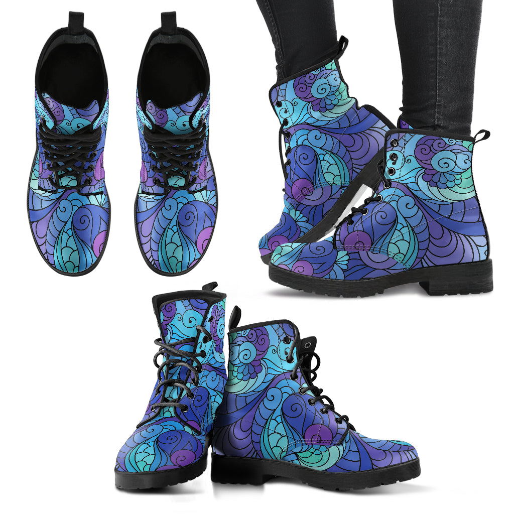 Blue Pretty Paisley Leather Combat Boots - Mind Gone