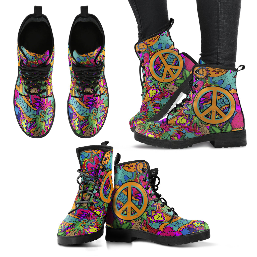 Peace Sign Funky Hippie Combat Boots - Mind Gone