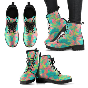 Tropical Exotic Leaves Leather Combat Boots - Mind Gone