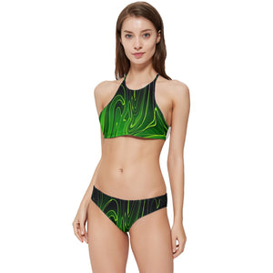 Green Liquid Marbling Banded Triangle Bikini Set