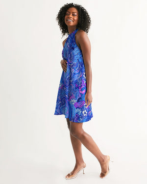 Blue Ornate Floral Women's Halter Dress