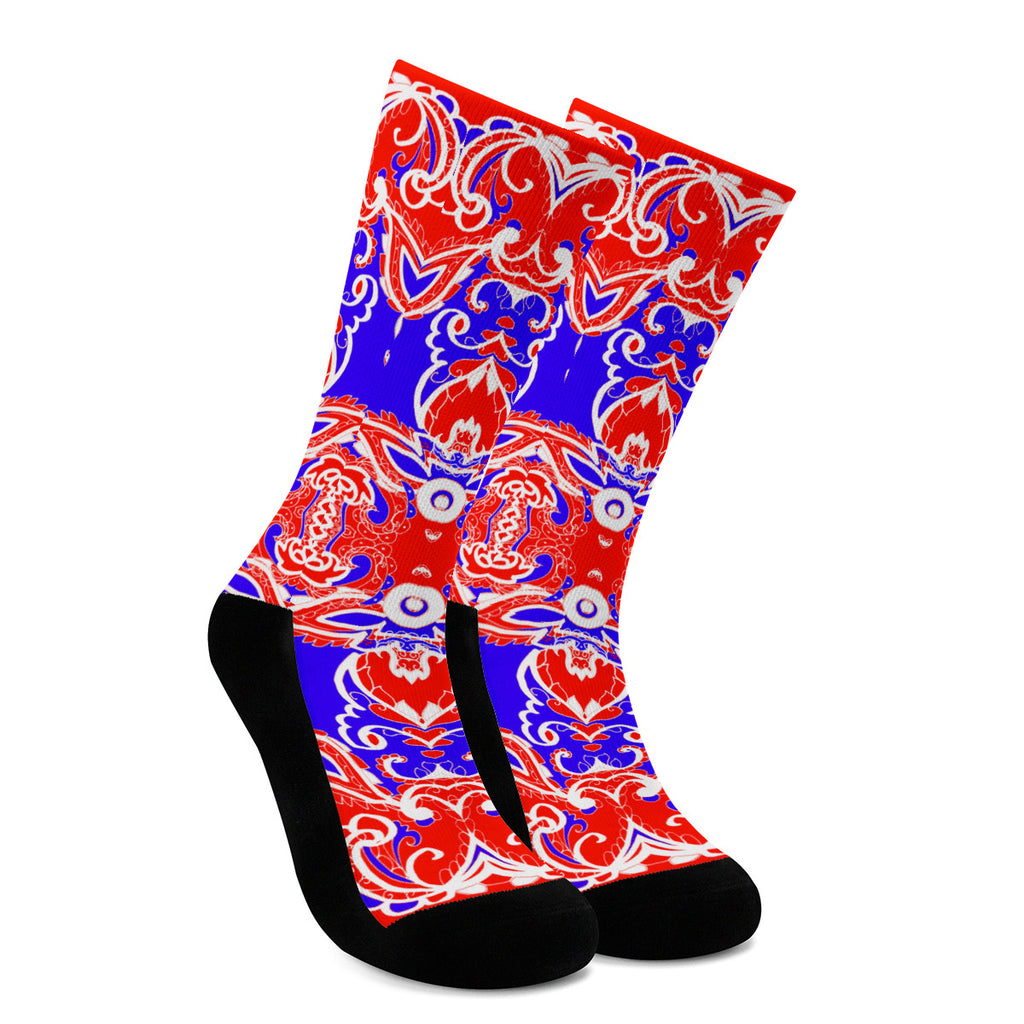 Damask Red White Blue Unisex Crew Socks - Mind Gone