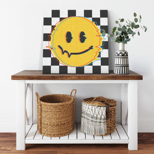 Distorted Smiley Glitch Checkered Canvas Wall Art