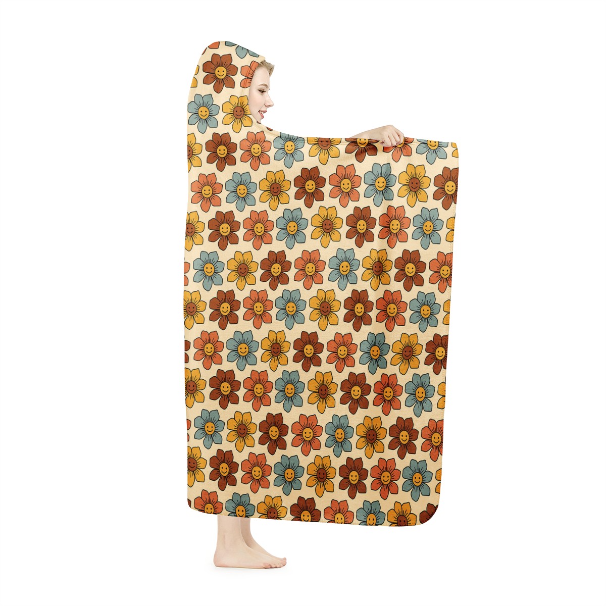 Retro Colorful Smiling Flowers Hooded Blanket