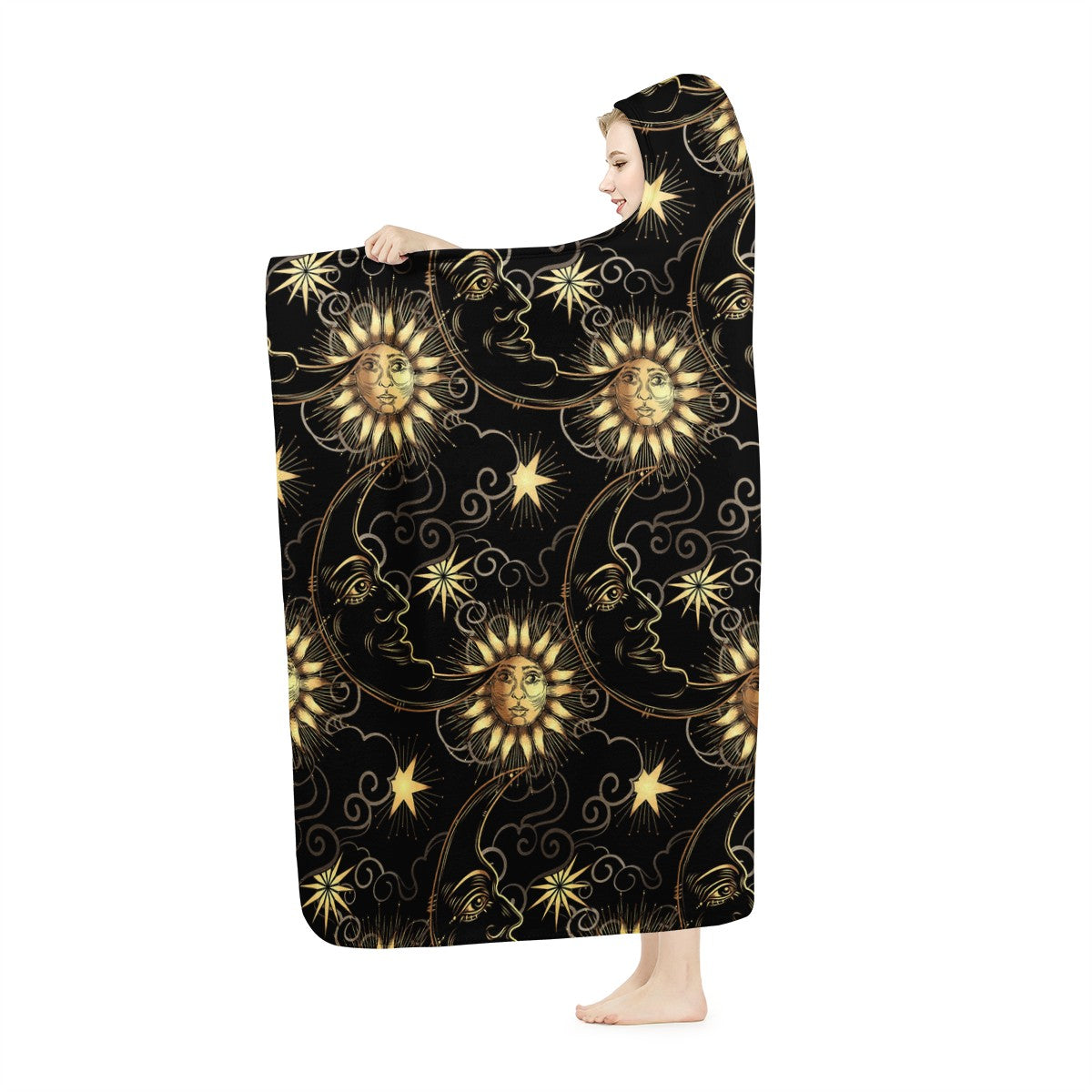 Boho Sun And Moon Pattern Hooded Blanket