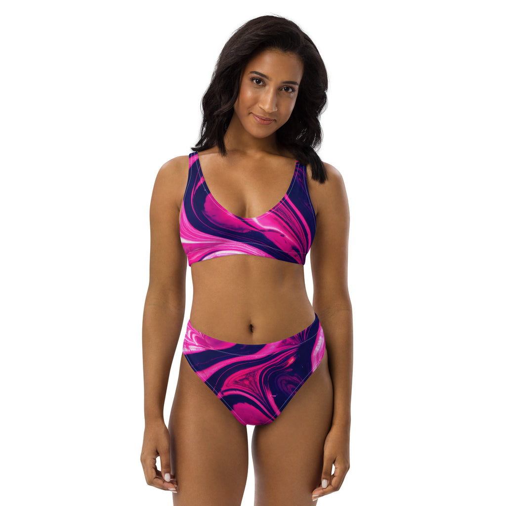 Pink Liquid Marble Flow Recycled High-Waisted Rave Bikini Set