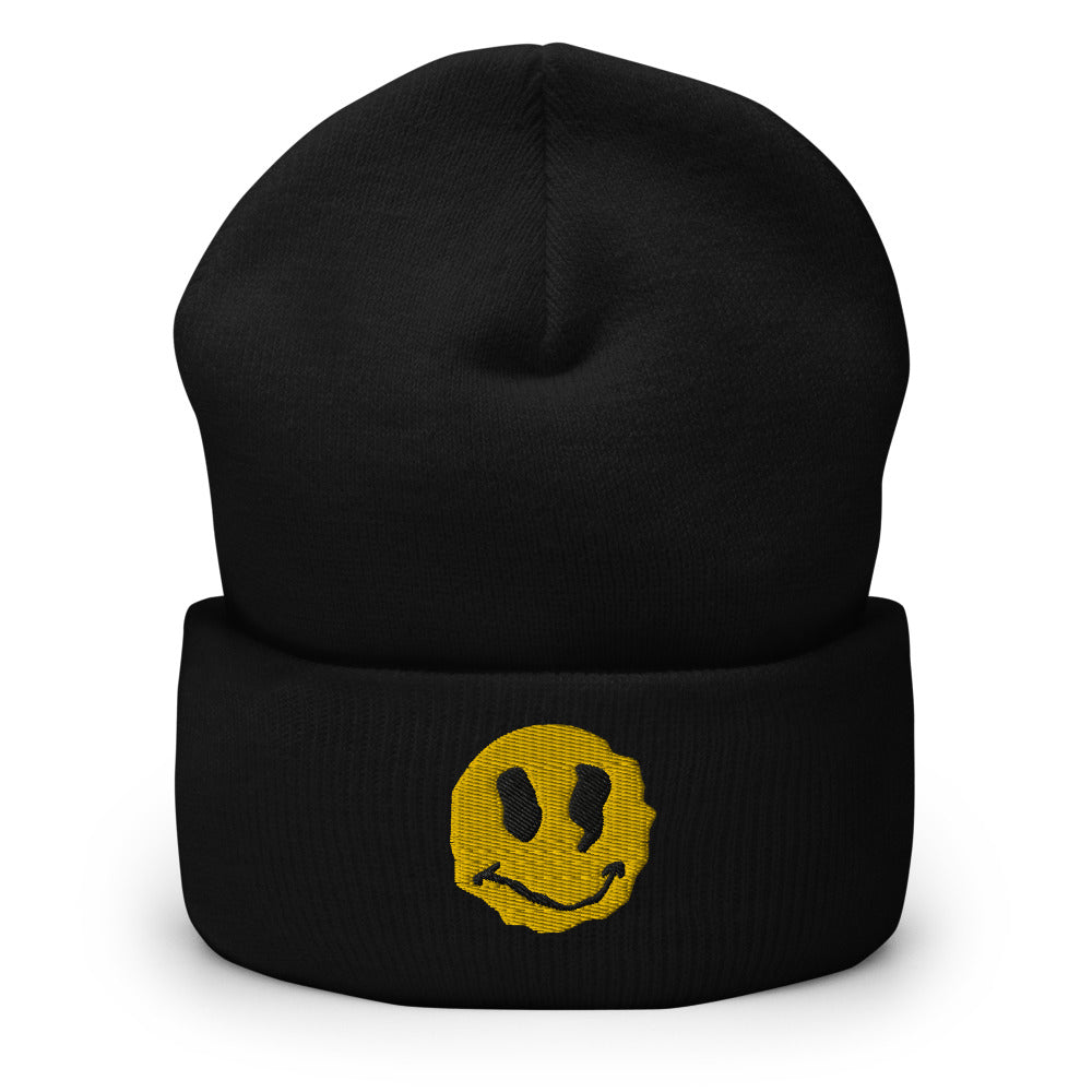 Trippy Stoner Smiley Face Embroidered Cuffed Beanie