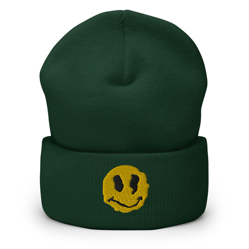 Trippy Stoner Smiley Face Embroidered Cuffed Beanie