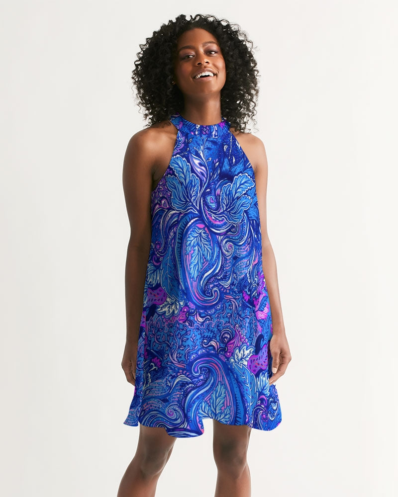 Blue Ornate Floral Women's Halter Dress