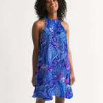 Blue Ornate Floral Women's Halter Dress