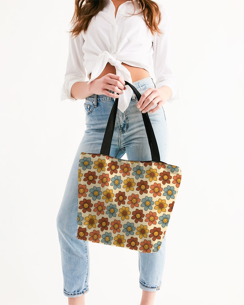 Retro Colorful Smiling Flowers Canvas Zip Tote