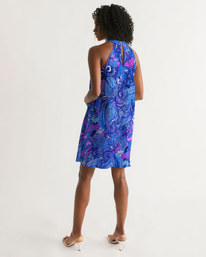 Blue Ornate Floral Women's Halter Dress