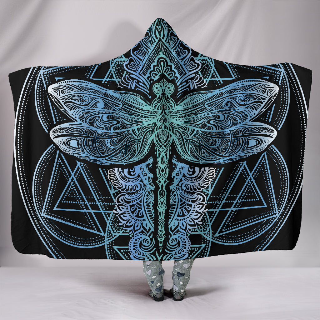 Geometric Light Blue Dragonfly Hooded Blanket