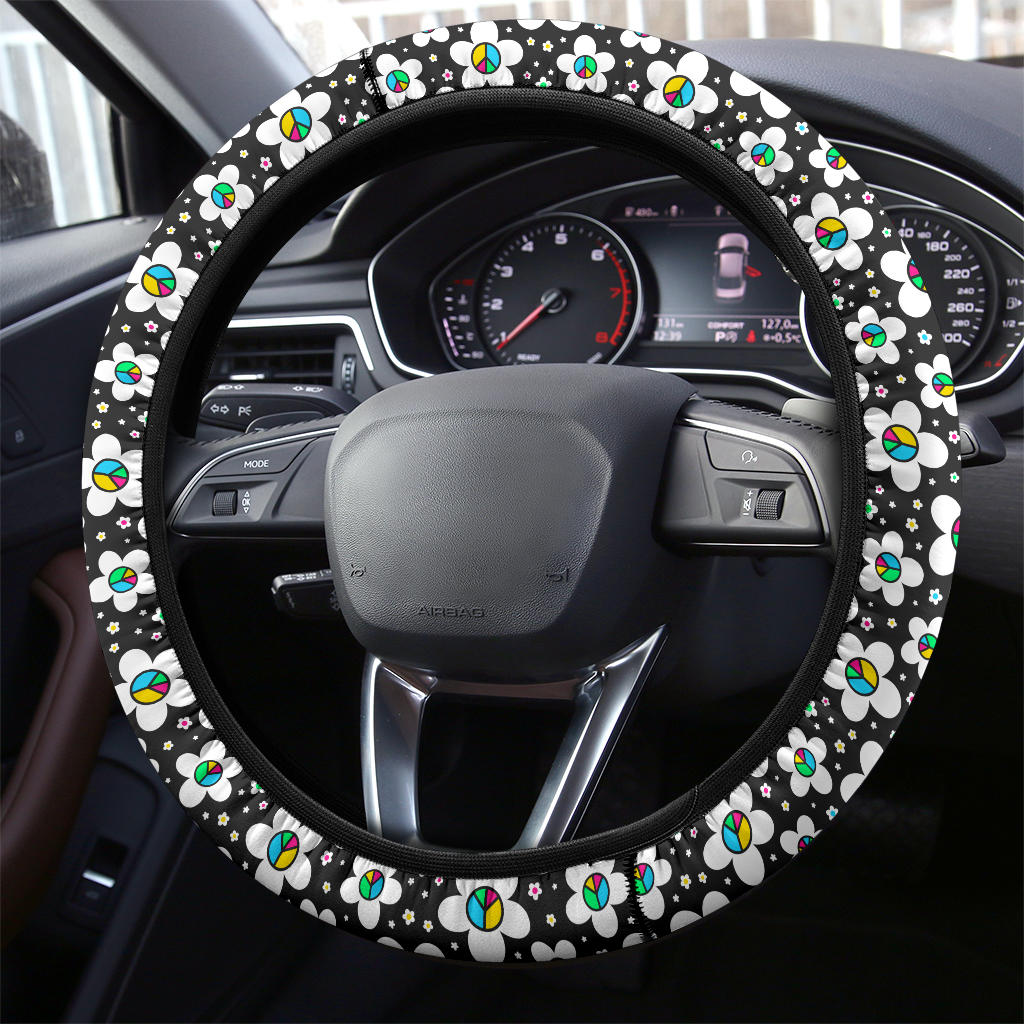 Peace Symbol Daisy Flowers Steering Wheel Cover