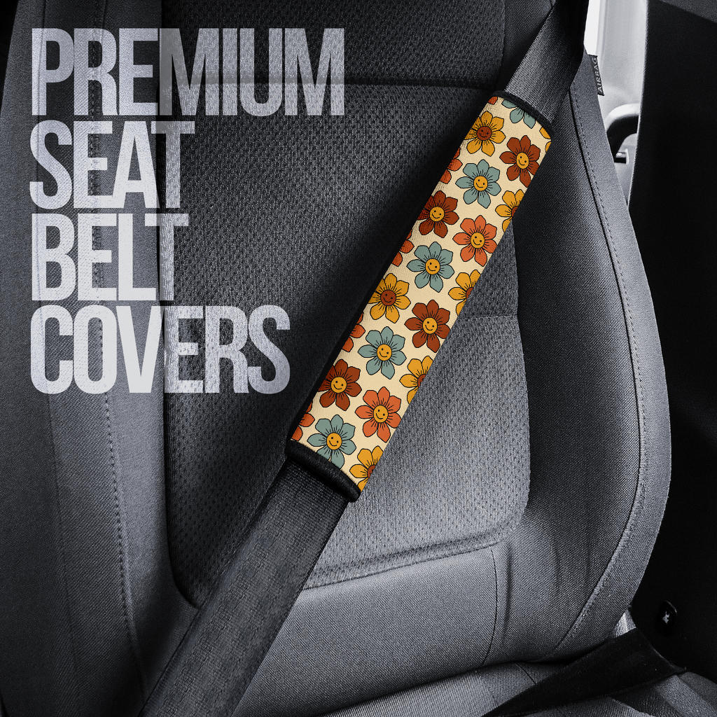 Retro Colorful Smiling Flowers Seat Belt Covers