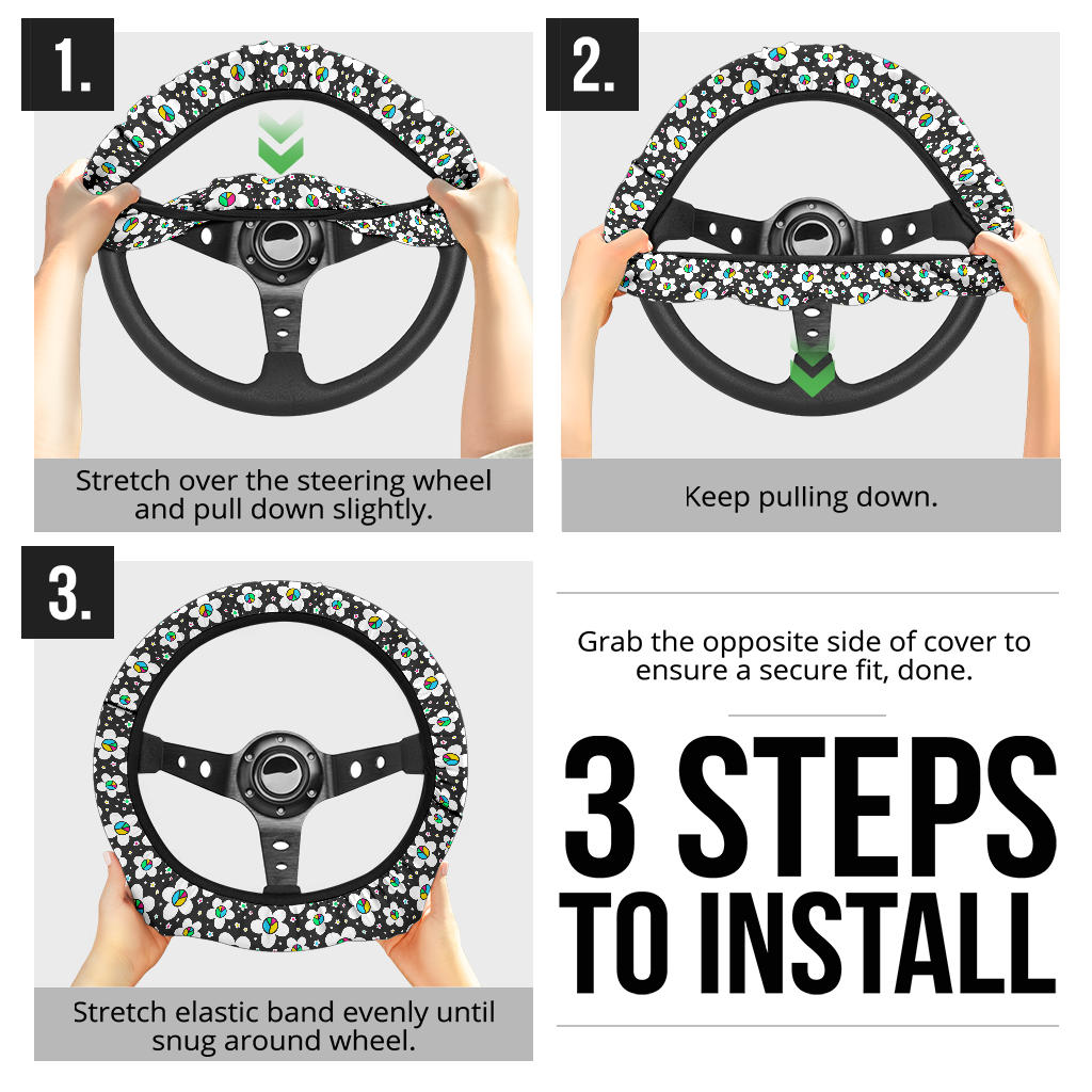 Peace Symbol Daisy Flowers Steering Wheel Cover