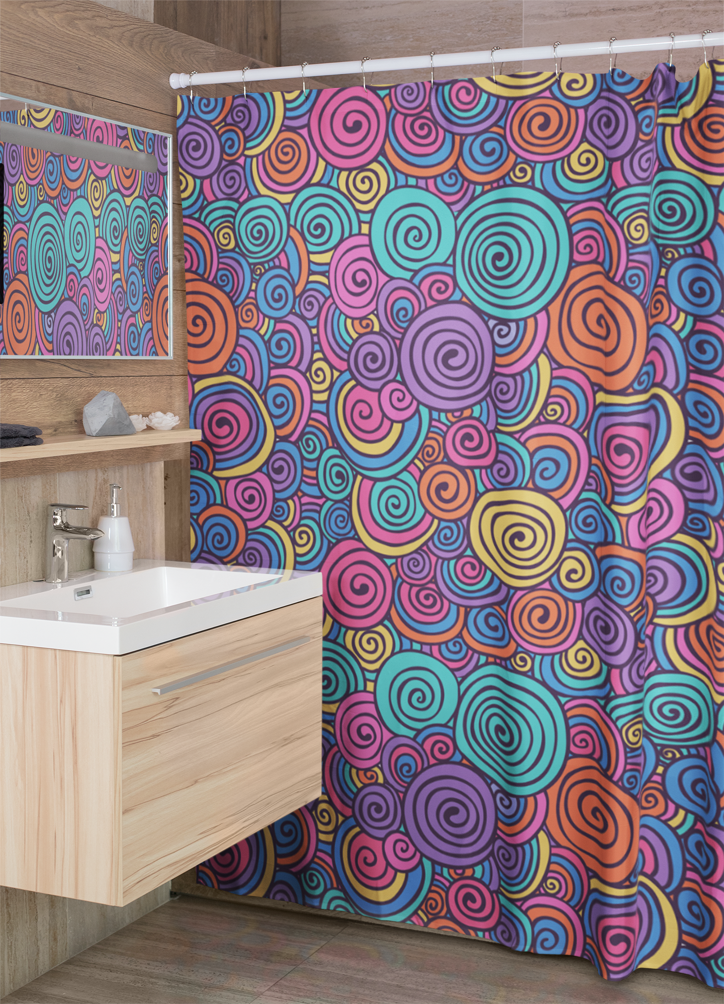 Hippie Spiral Shower Curtain - Trippy 70s Funky Swirls Bathroom Decor